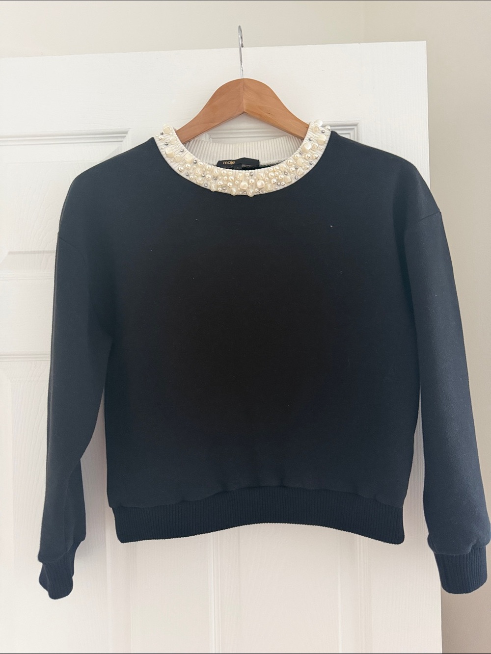 Maje Black Crewneck Sweater with Pearl-Trim
